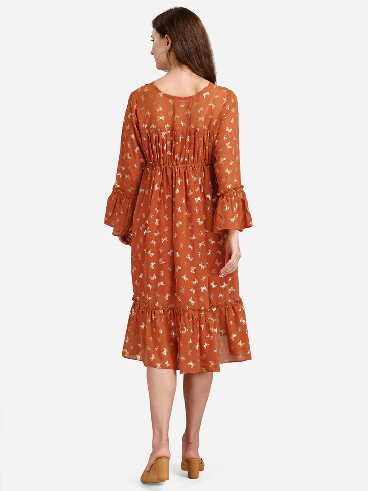 FLORAL GEORGETTE EMPIRE MIDI DRESS - ORANGE