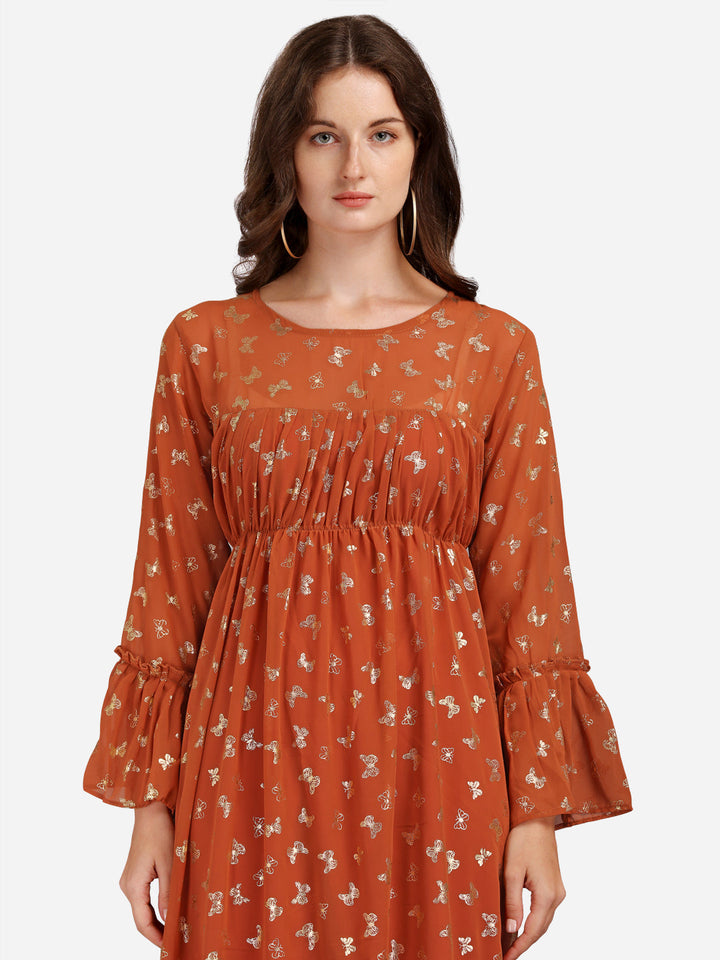 FLORAL GEORGETTE EMPIRE MIDI DRESS - ORANGE