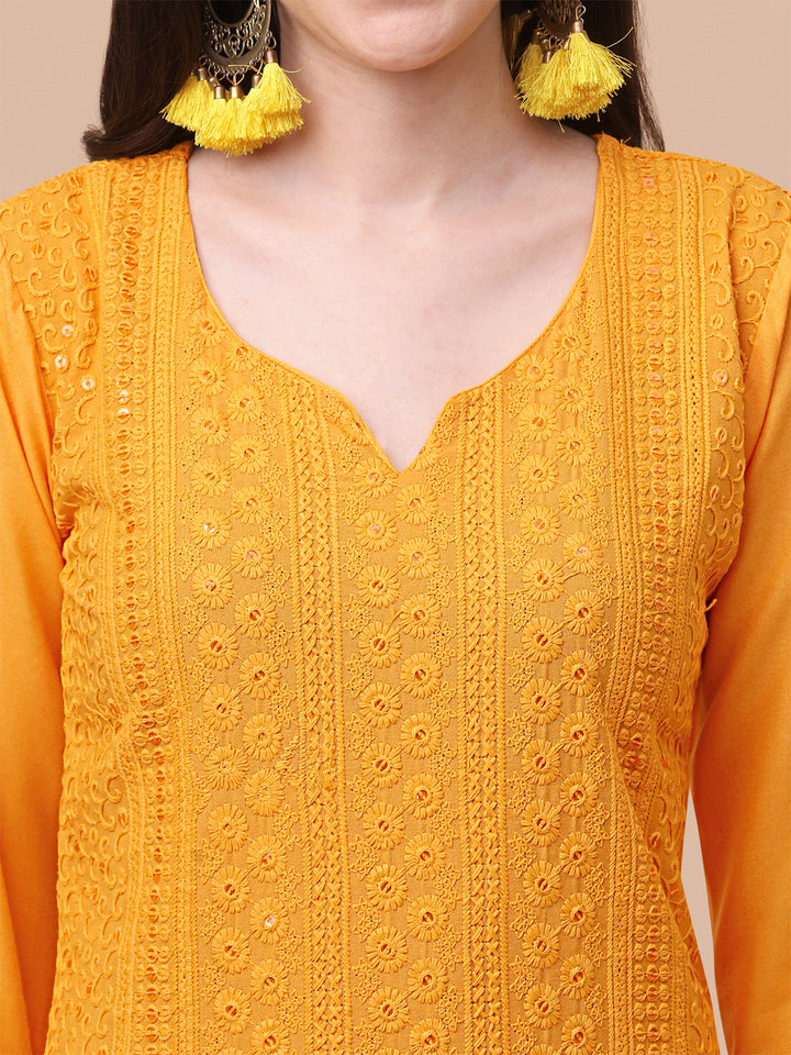 FANCY EMBROIDERY KURTI PALAZZO SET - YELLOW