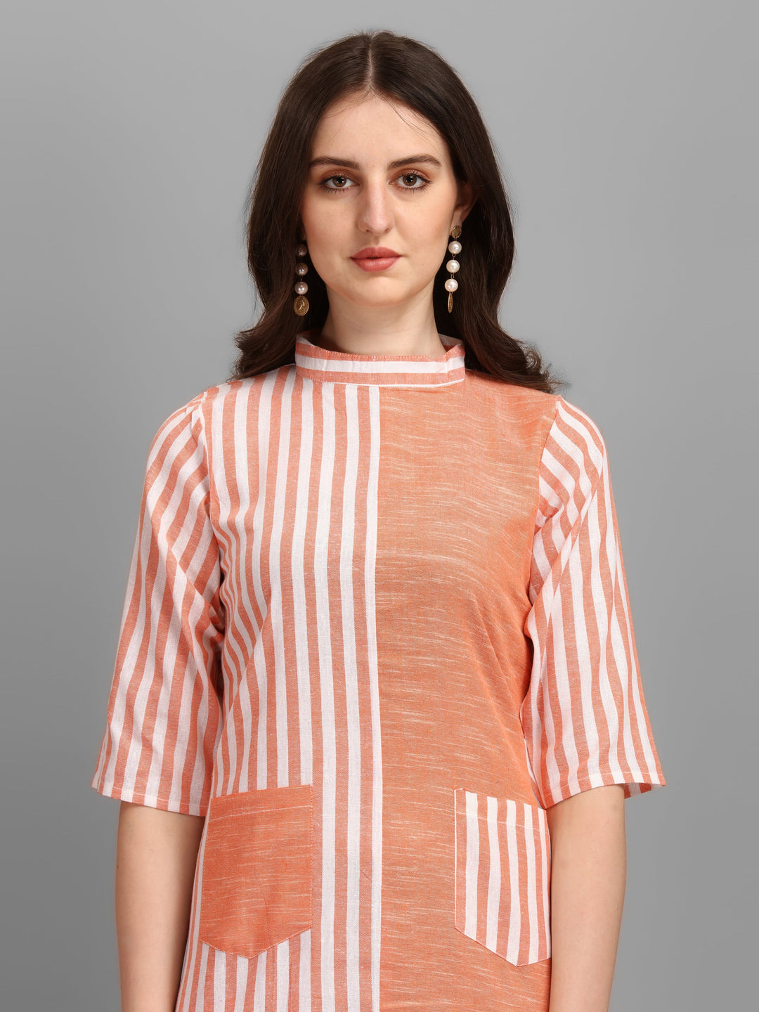 WOMEN STRIPED FANCY MIDI DRESS - PINK