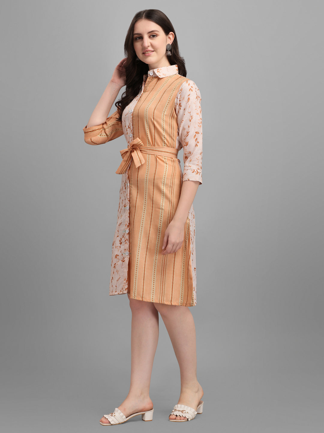 BEIGE SHIRT DRESS WITH TIE-UPS -GOLDEN