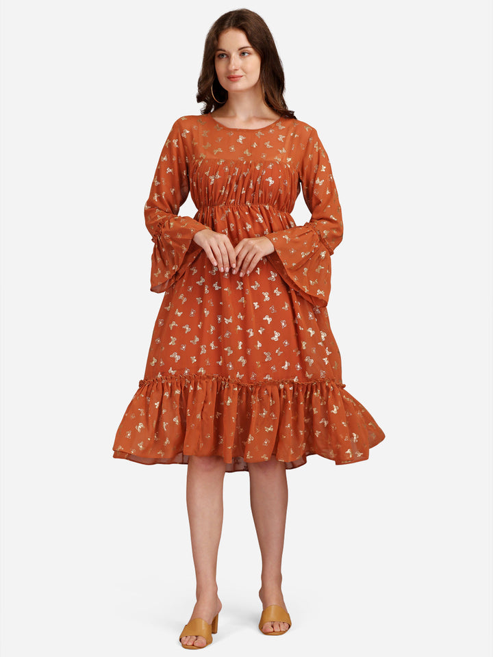 FLORAL GEORGETTE EMPIRE MIDI DRESS - ORANGE