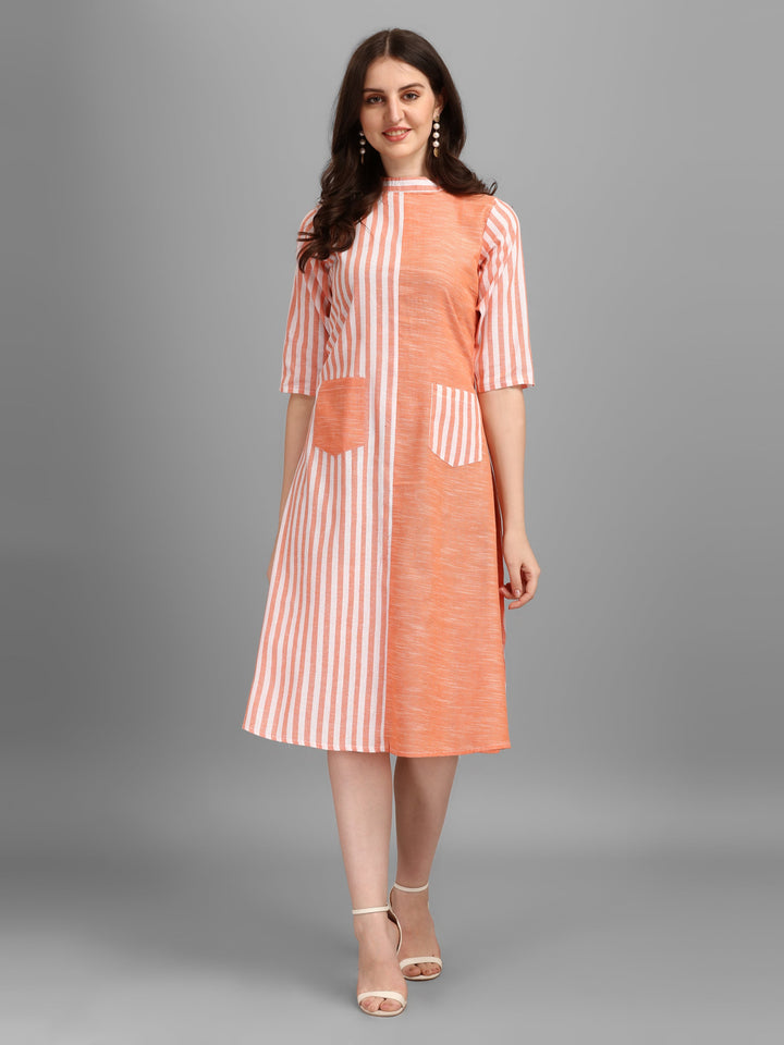 WOMEN STRIPED FANCY MIDI DRESS - BEIGE