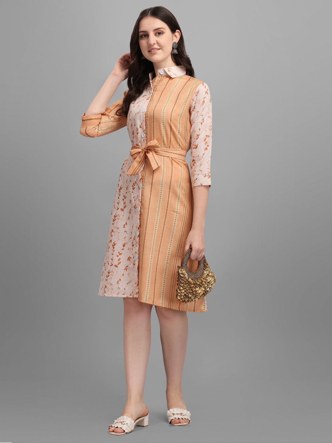 BEIGE SHIRT DRESS WITH TIE-UPS -GOLDEN