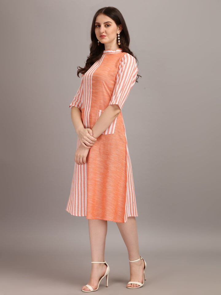 WOMEN STRIPED FANCY MIDI DRESS - BEIGE