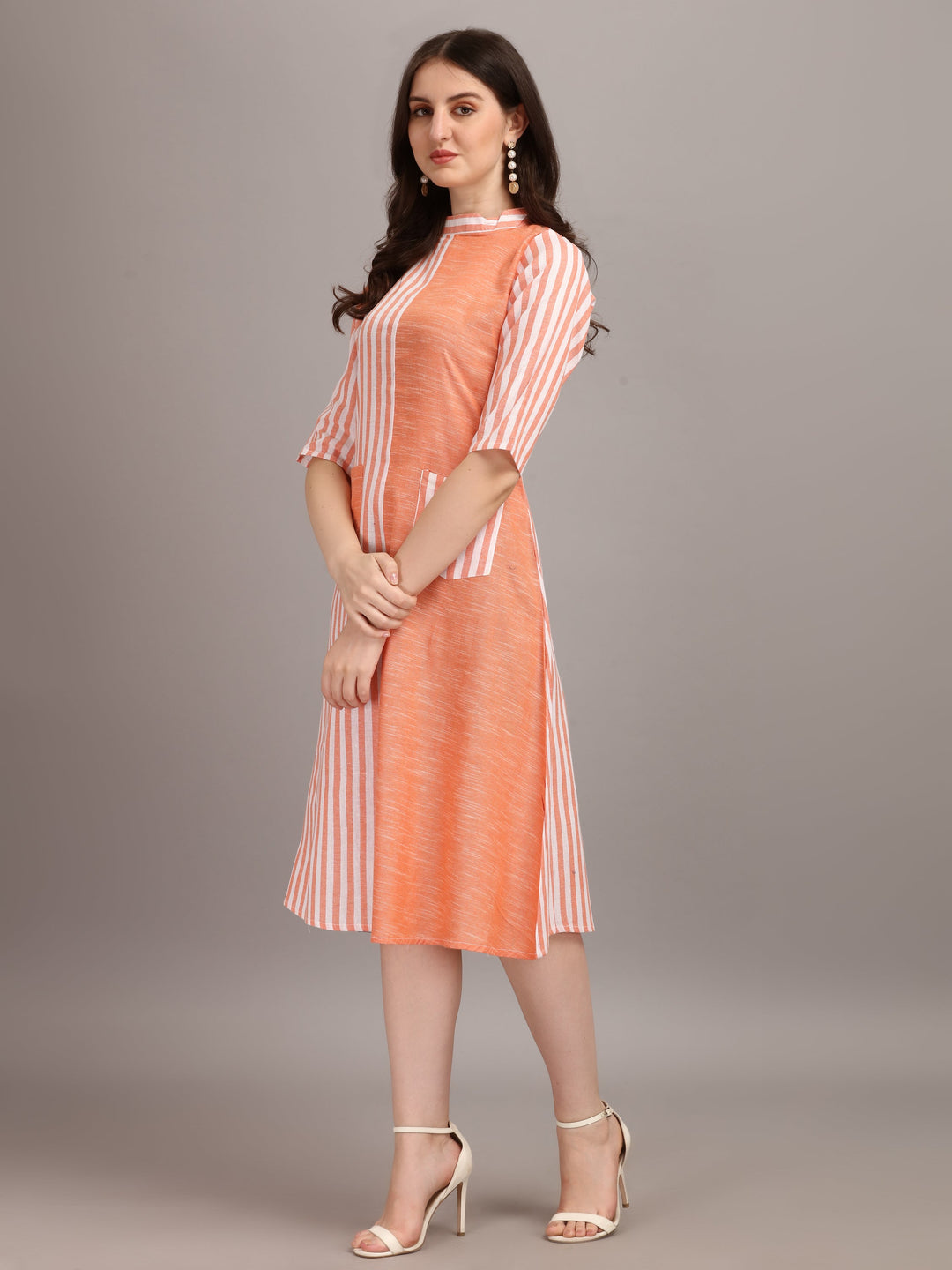 WOMEN STRIPED FANCY MIDI DRESS - AQUA GREEN