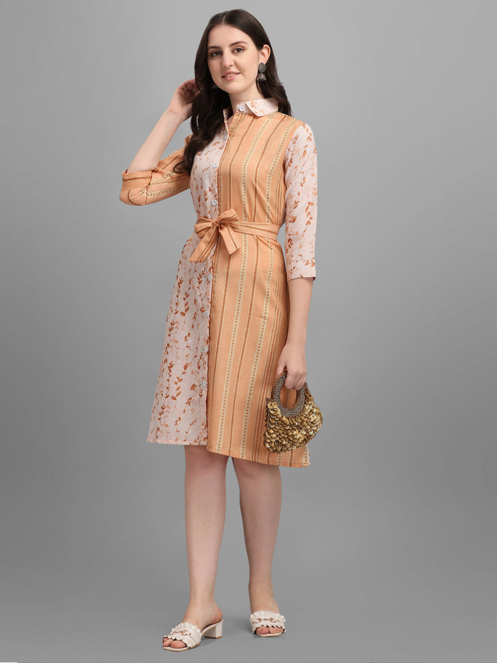 BEIGE SHIRT DRESS WITH TIE-UPS -ORANGE