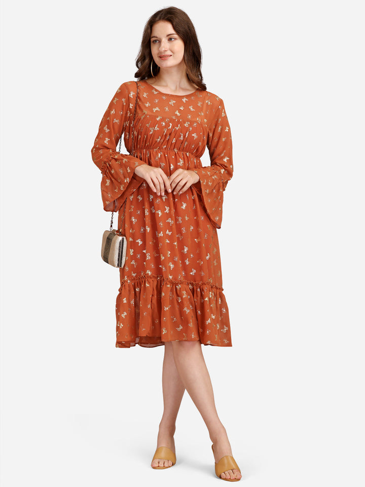 FLORAL GEORGETTE EMPIRE MIDI DRESS - ORANGE