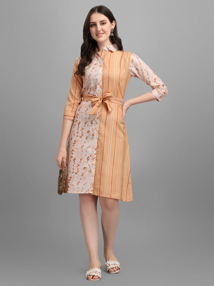 BEIGE SHIRT DRESS WITH TIE-UPS -GOLDEN