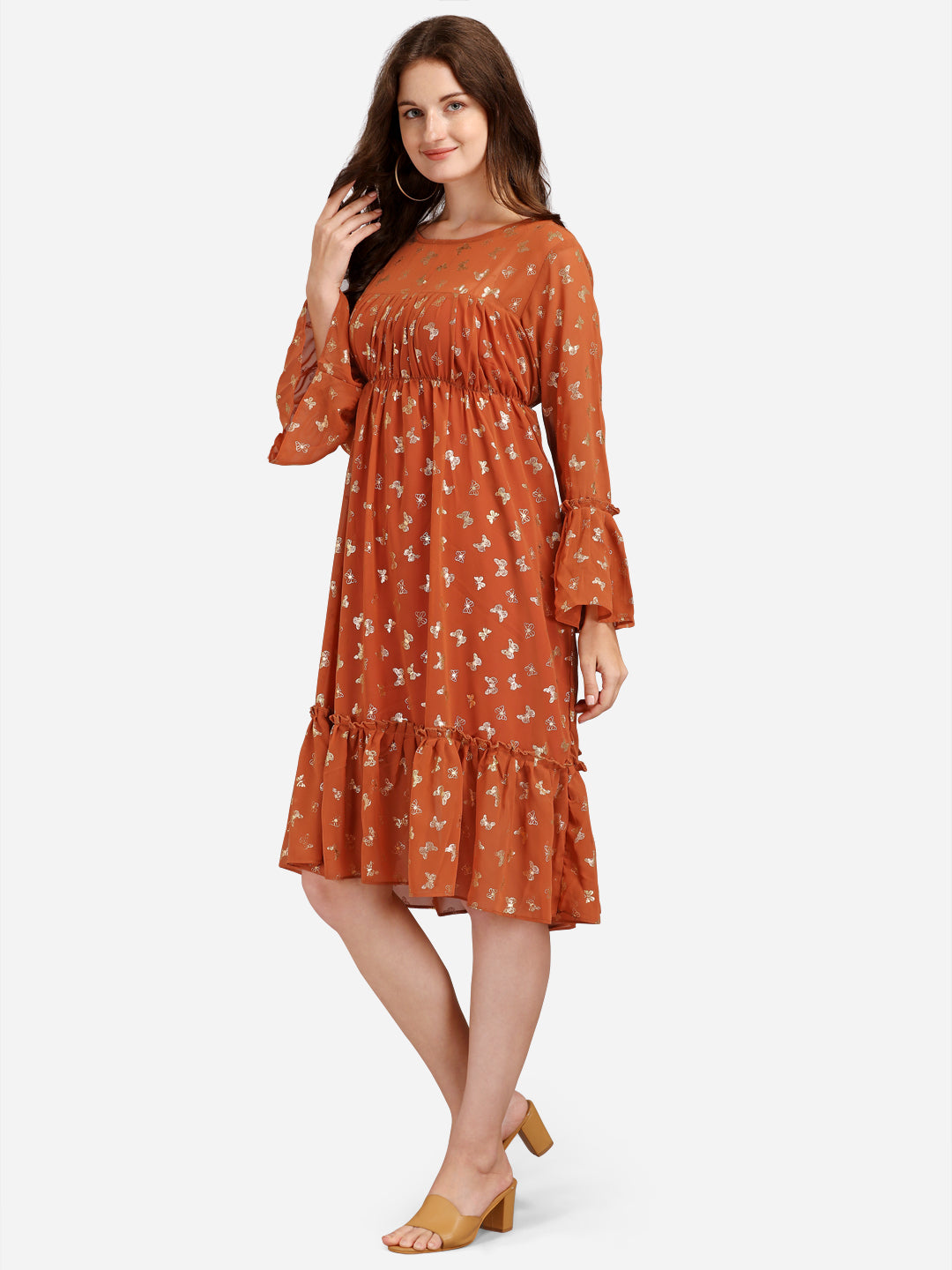 FLORAL GEORGETTE EMPIRE MIDI DRESS - ORANGE