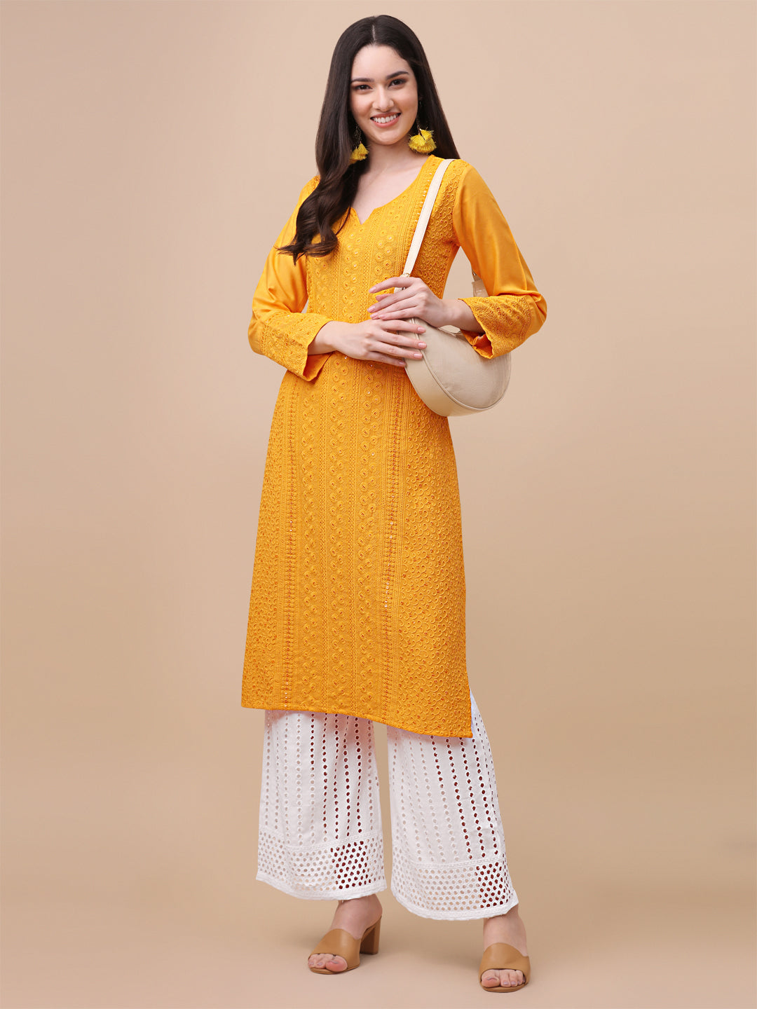 FANCY EMBROIDERY KURTI PALAZZO SET - YELLOW