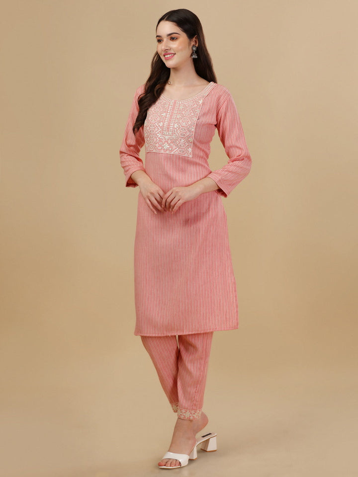 STRIPED PRINTED KURTI PANT SET-PEACH