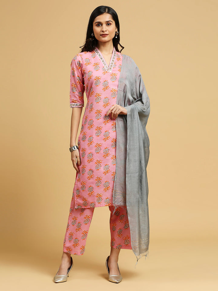 Embroidered Cotton Kurti, Pant, and Dupatta Set