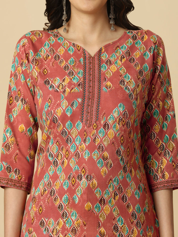 PRINTED KURTI PANT AND DUPATTA SET -PEACH