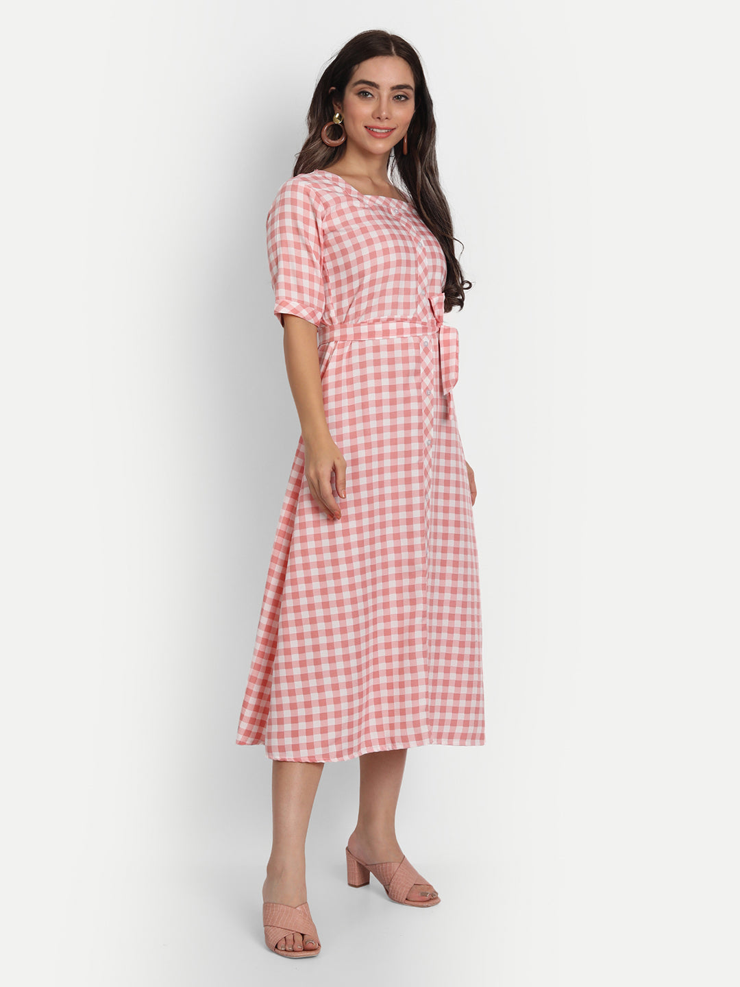 ADORABLE CHECKS  WITH BELT MIDI DRESS -PEACH