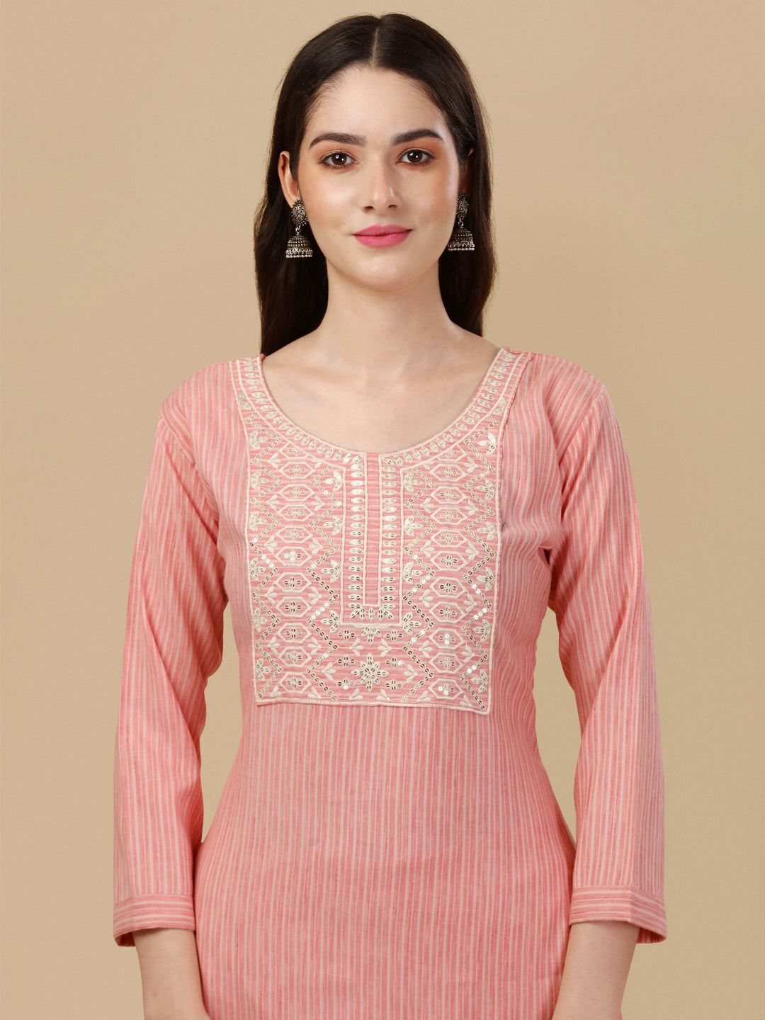 STRIPED PRINTED KURTI PANT SET-PEACH