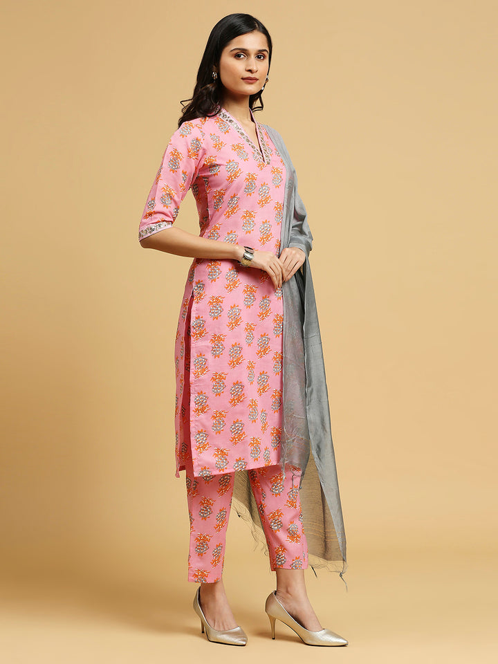 Embroidered Cotton Kurti, Pant, and Dupatta Set