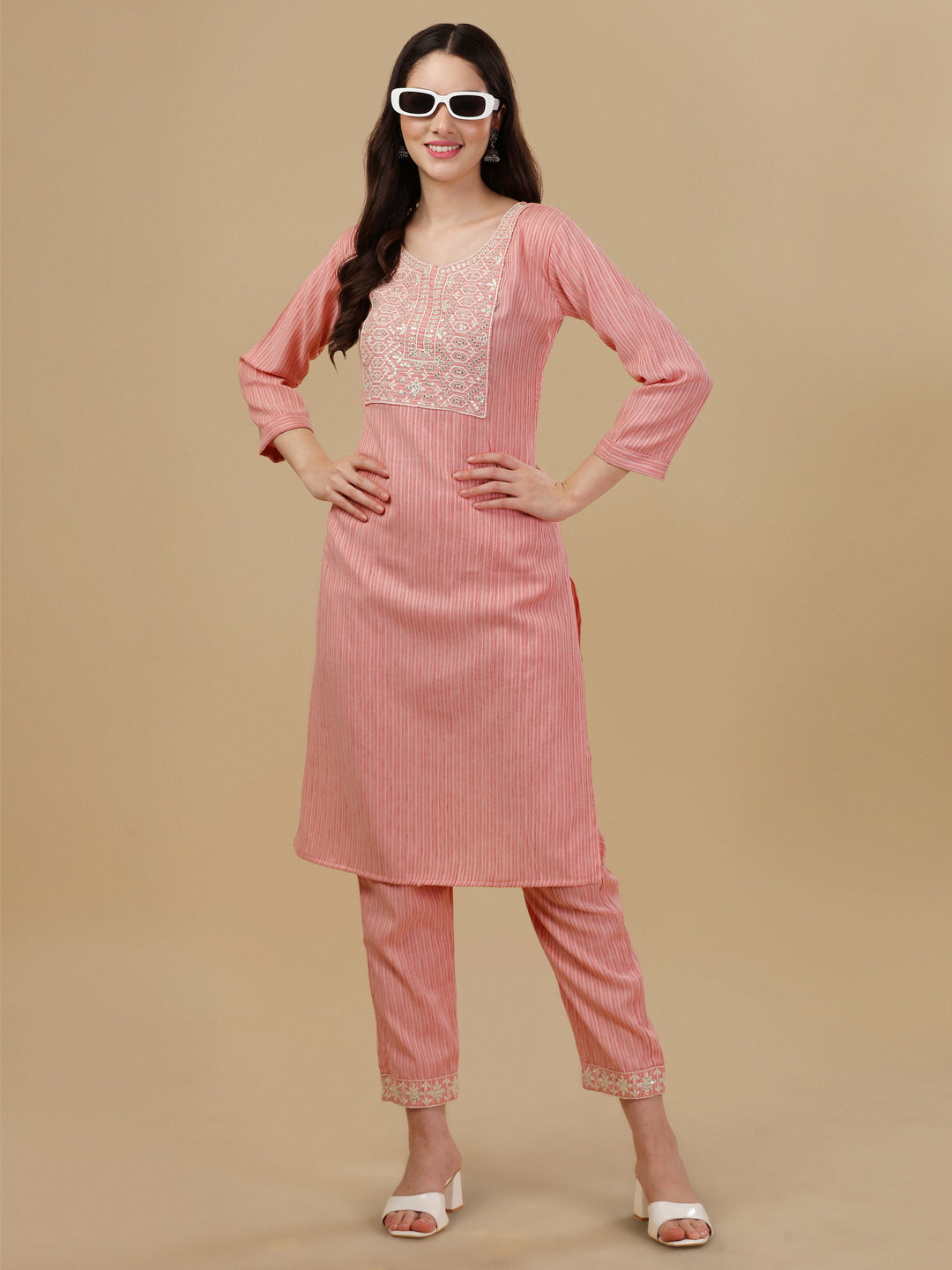 STRIPED PRINTED KURTI PANT SET-PEACH