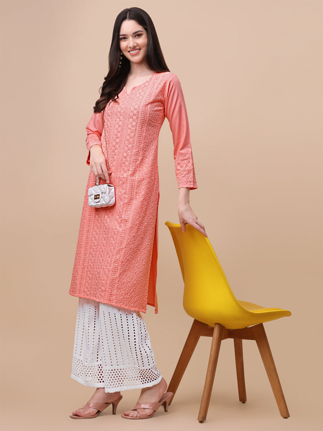 FANCY EMBROIDERY KURTI PALAZZO SET - PINK