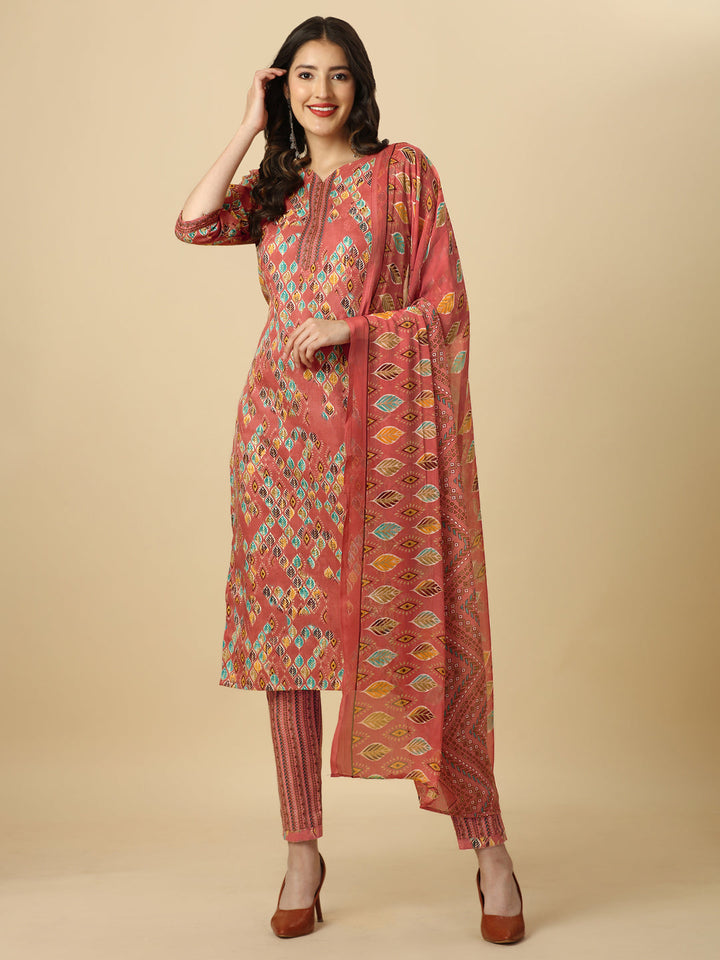 PRINTED KURTI PANT AND DUPATTA SET -PEACH