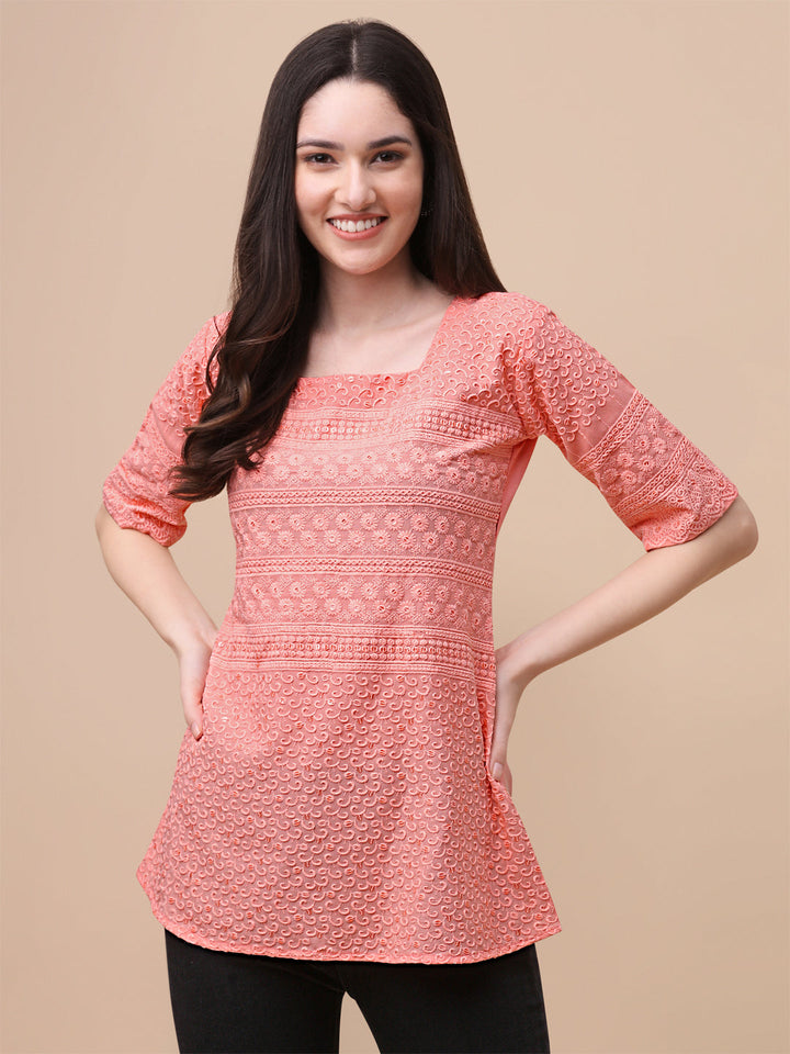 EMBROIDERY FANCY TOP-ORANGE - PEACH