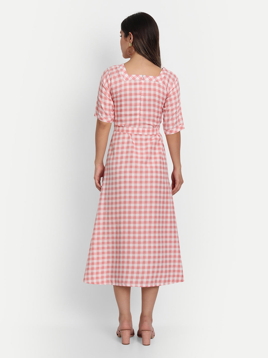 ADORABLE CHECKS  WITH BELT MIDI DRESS -PEACH