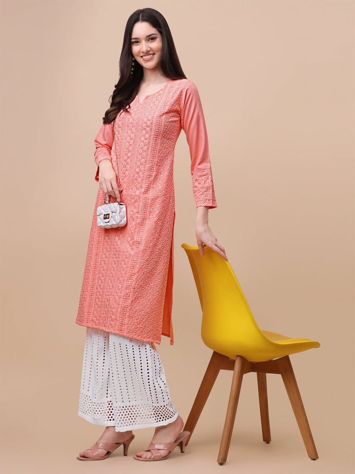 FANCY EMBROIDERY KURTI PALAZZO SET - PEACH