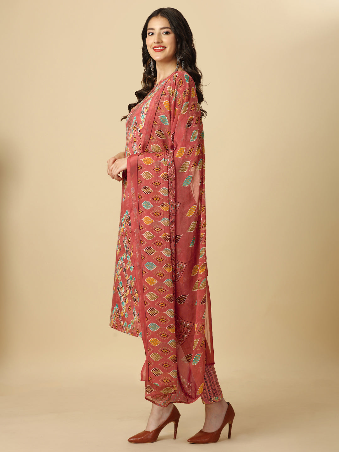 PRINTED KURTI PANT AND DUPATTA SET-BROWN