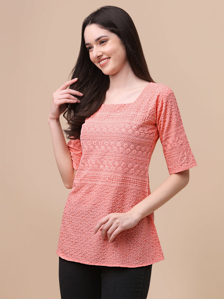 EMBROIDERY FANCY TOP-ORANGE - PEACH