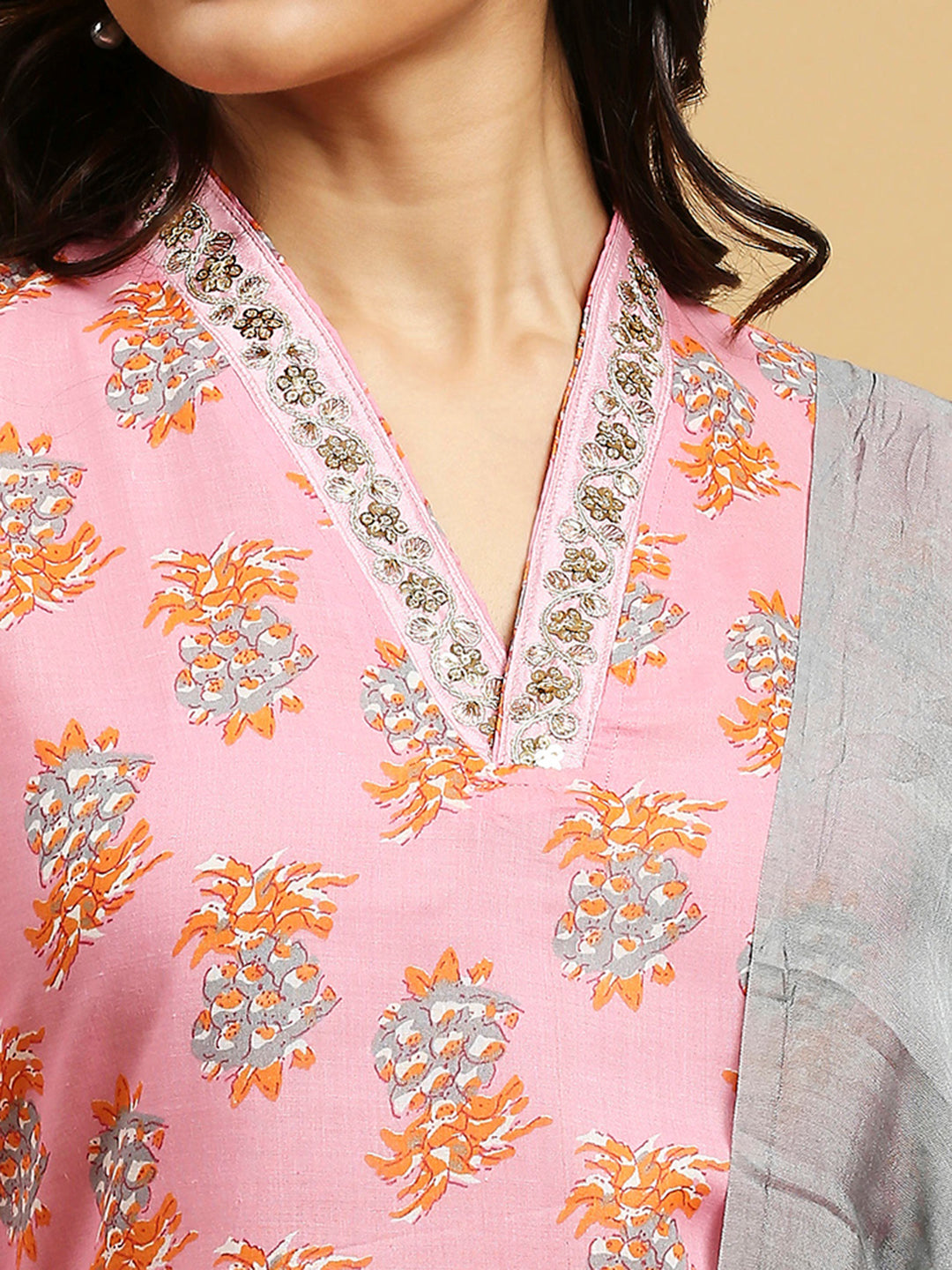 Embroidered Cotton Kurti, Pant, and Dupatta Set