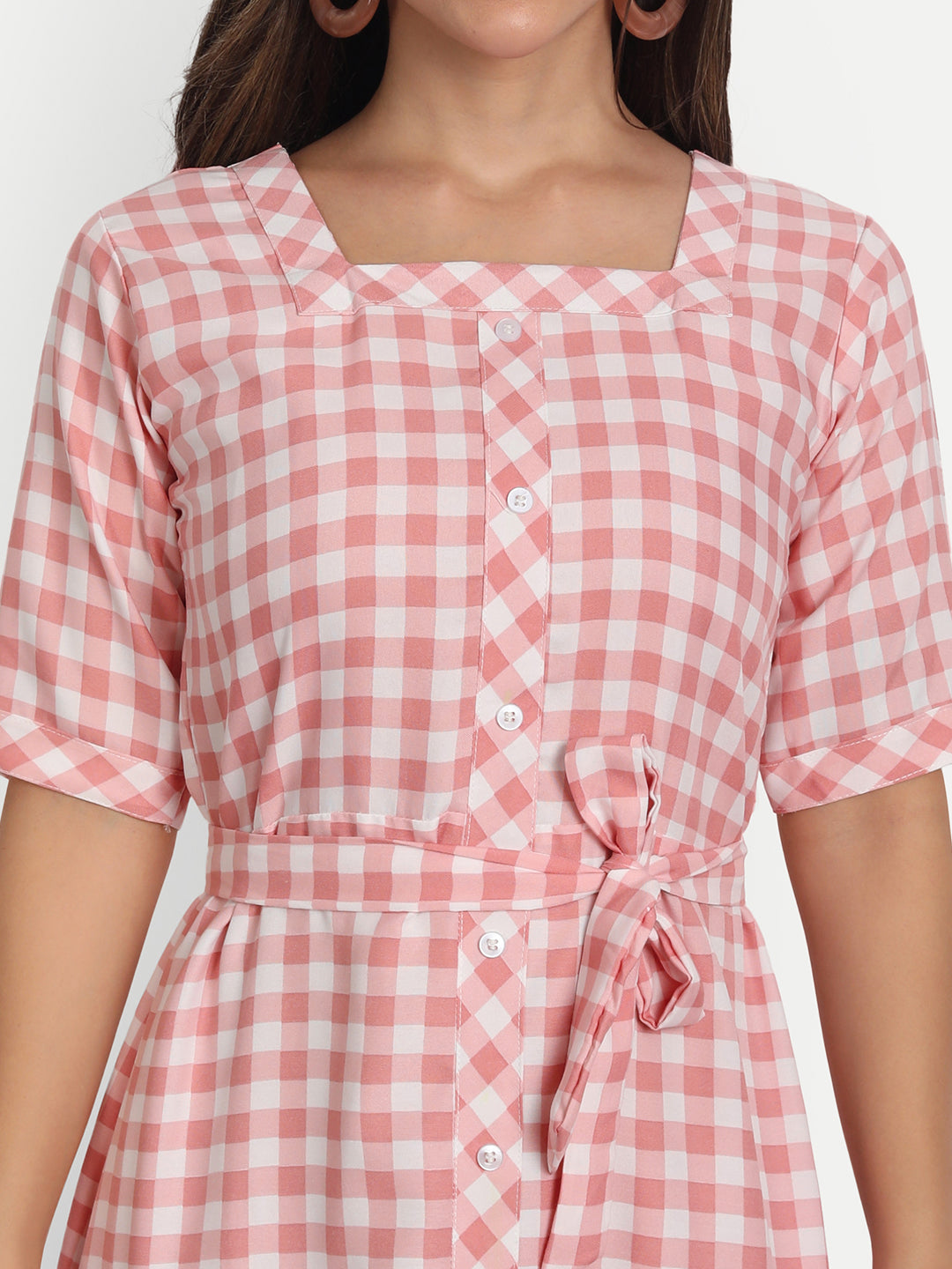 ADORABLE CHECKS  WITH BELT MIDI DRESS -PEACH