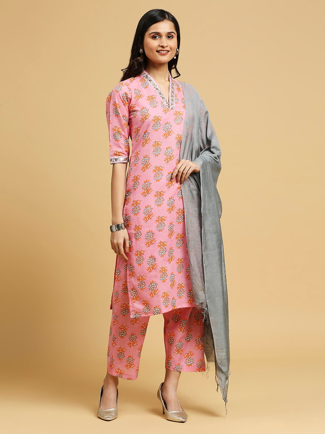 Embroidered Cotton Kurti, Pant, and Dupatta Set