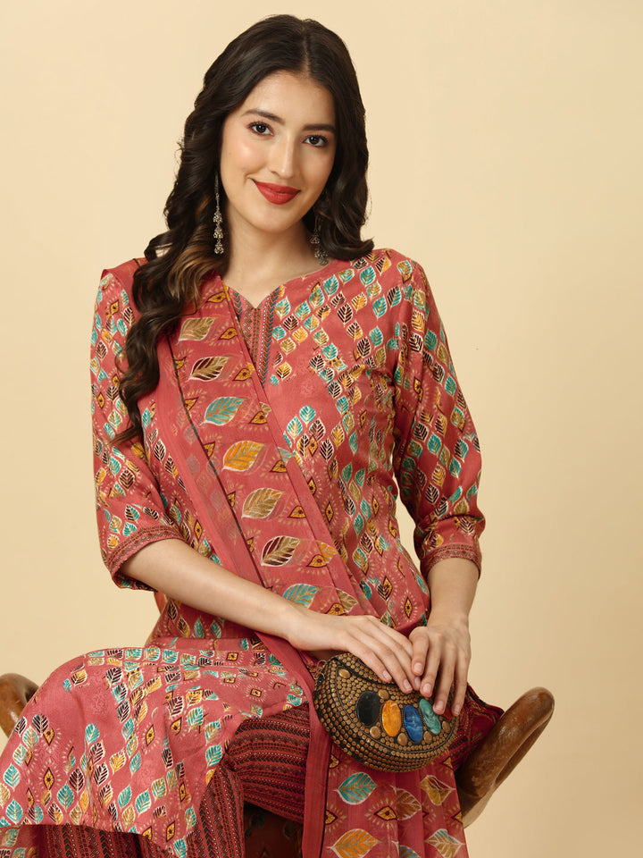 PRINTED KURTI PANT AND DUPATTA SET -PEACH