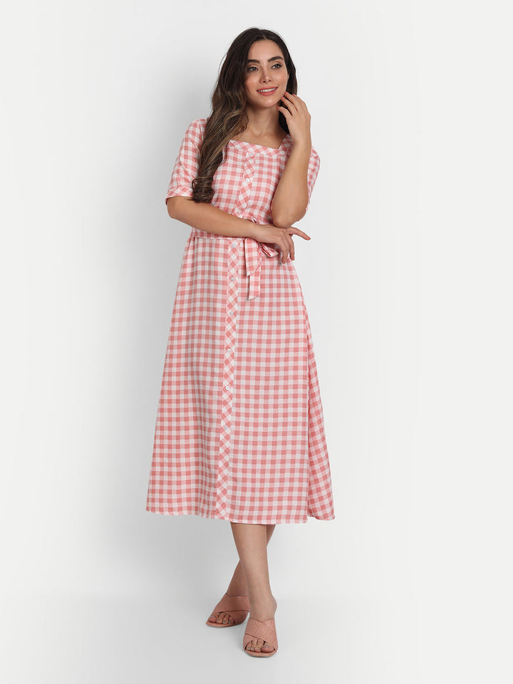 ADORABLE CHECKS  WITH BELT MIDI DRESS -PEACH