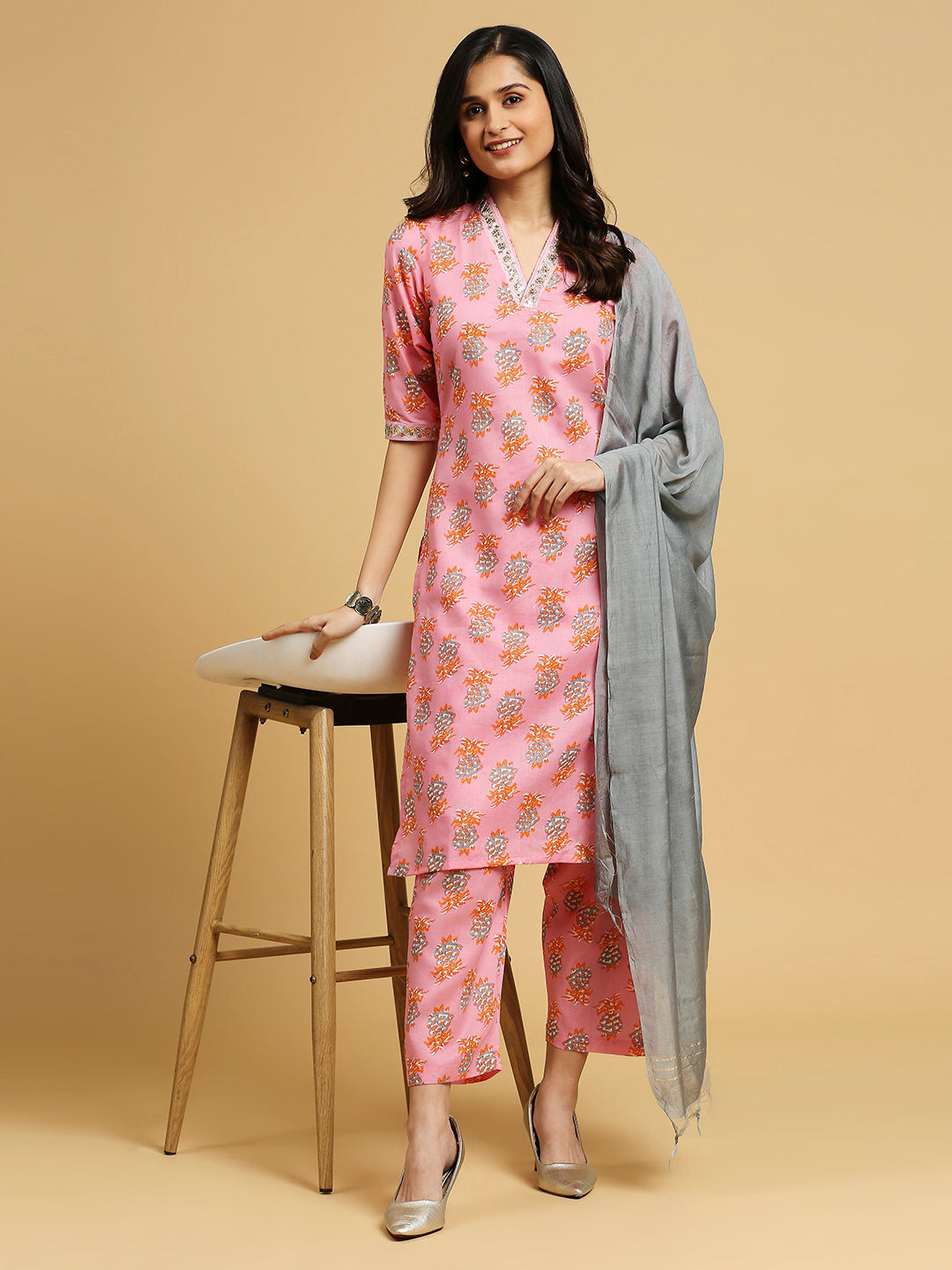 Embroidered Cotton Kurti, Pant, and Dupatta Set