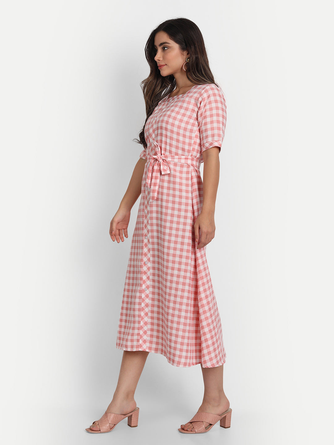 ADORABLE CHECKS  WITH BELT MIDI DRESS -PEACH