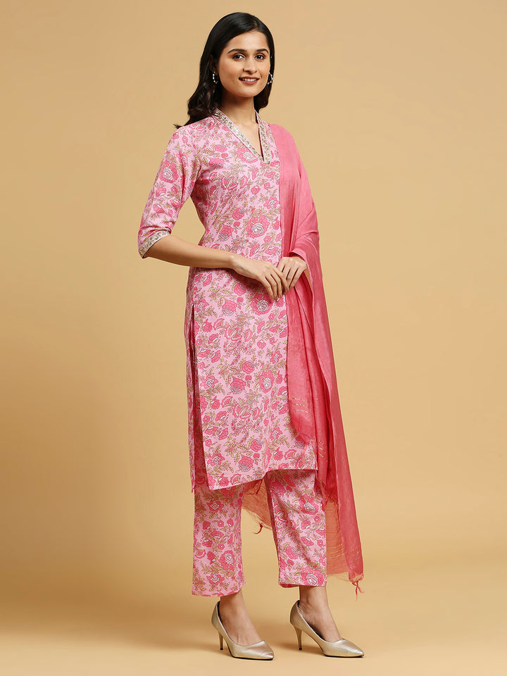 Embroidered Cotton Kurti, Pant, and Dupatta Set