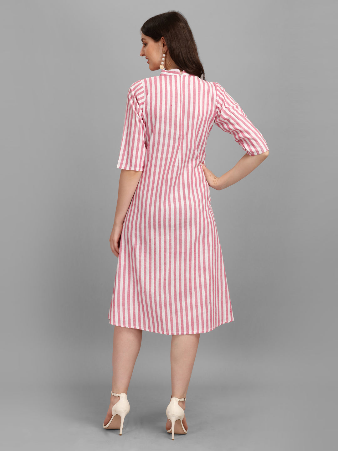 WOMEN STRIPED FANCY MIDI DRESS - SKY BLUE