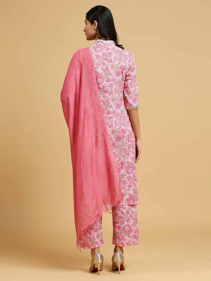 Embroidered Cotton Kurti, Pant, and Dupatta Set