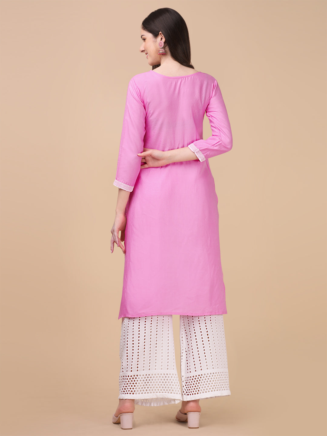 EMBROIDERY RAYON KURTI PALAZZO SET - PINK