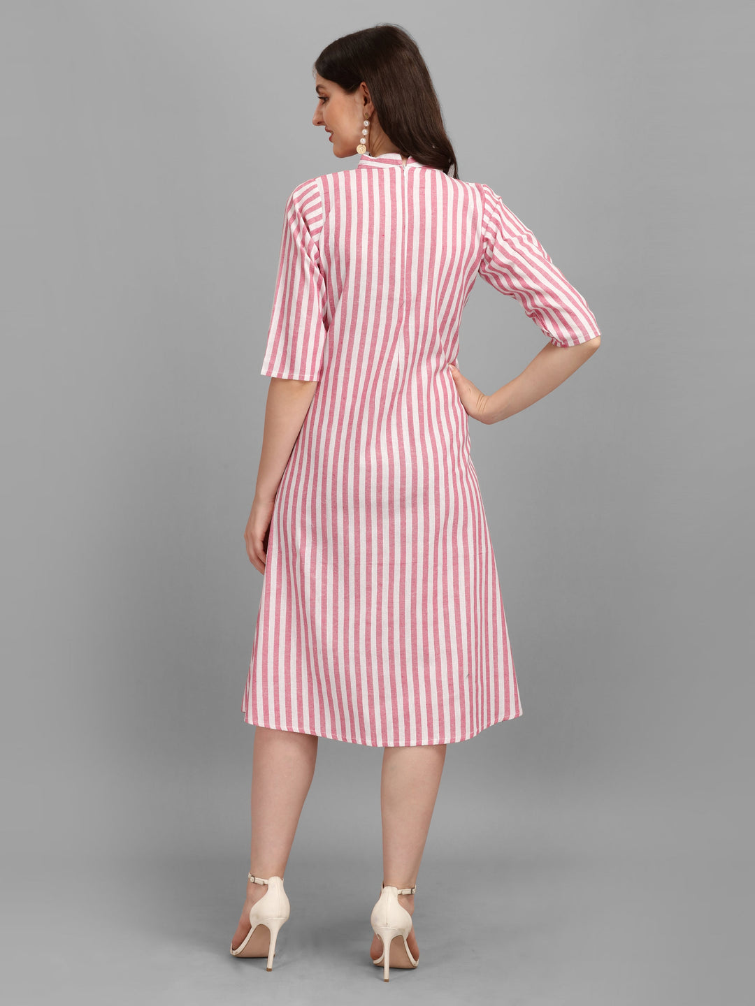 WOMEN STRIPED FANCY MIDI DRESS - PINK