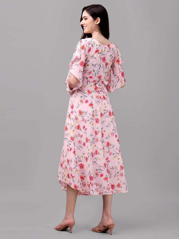 FANCY SLEEVE WITH FLORAL PRINTED GOWN - PINK