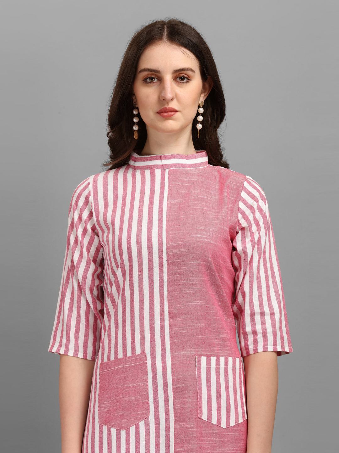 WOMEN STRIPED FANCY MIDI DRESS - PINK