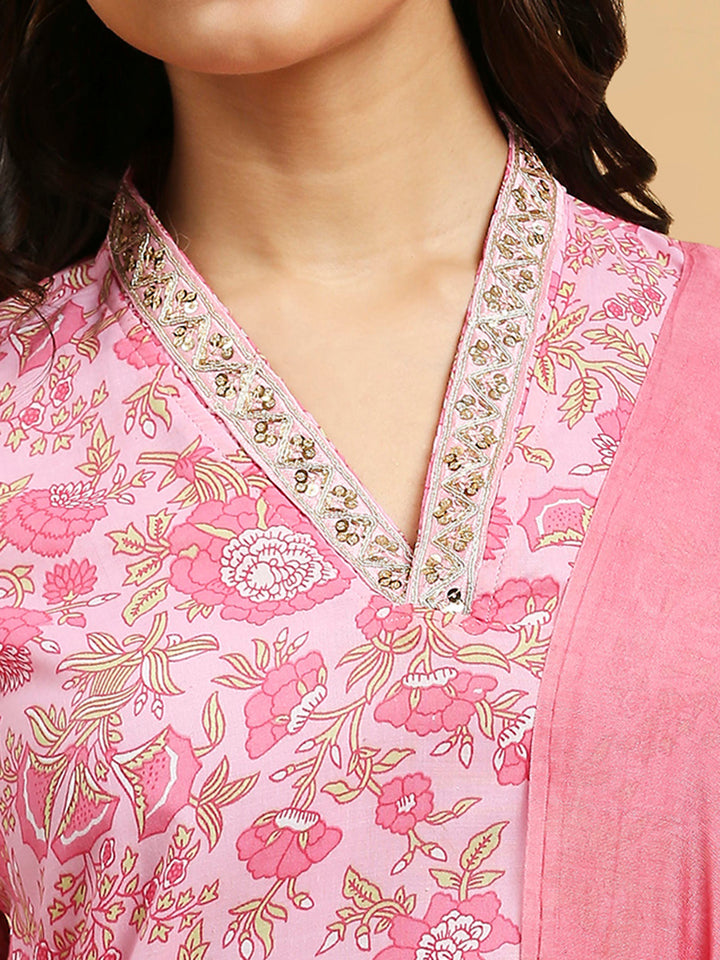 Embroidered Cotton Kurti, Pant, and Dupatta Set