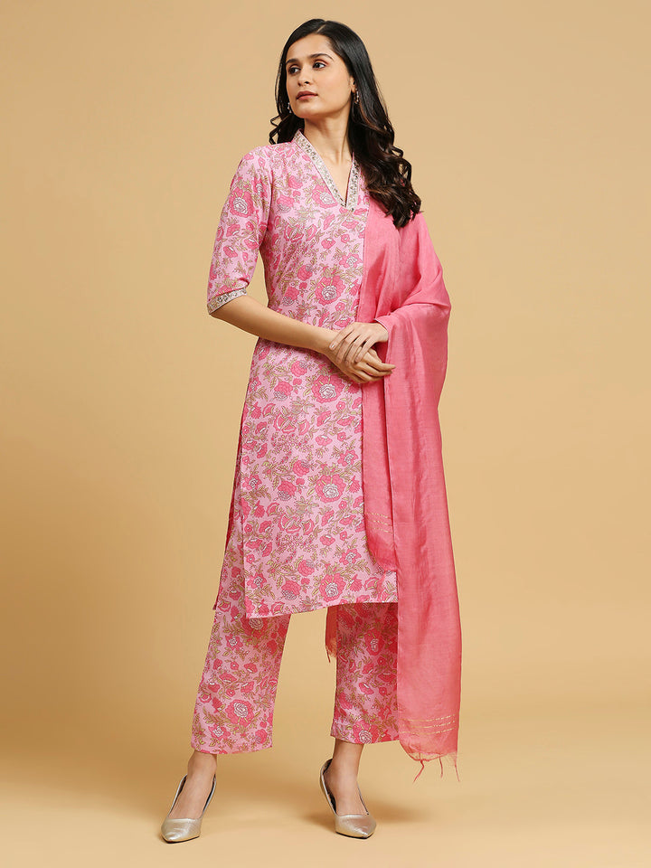 Embroidered Cotton Kurti, Pant, and Dupatta Set