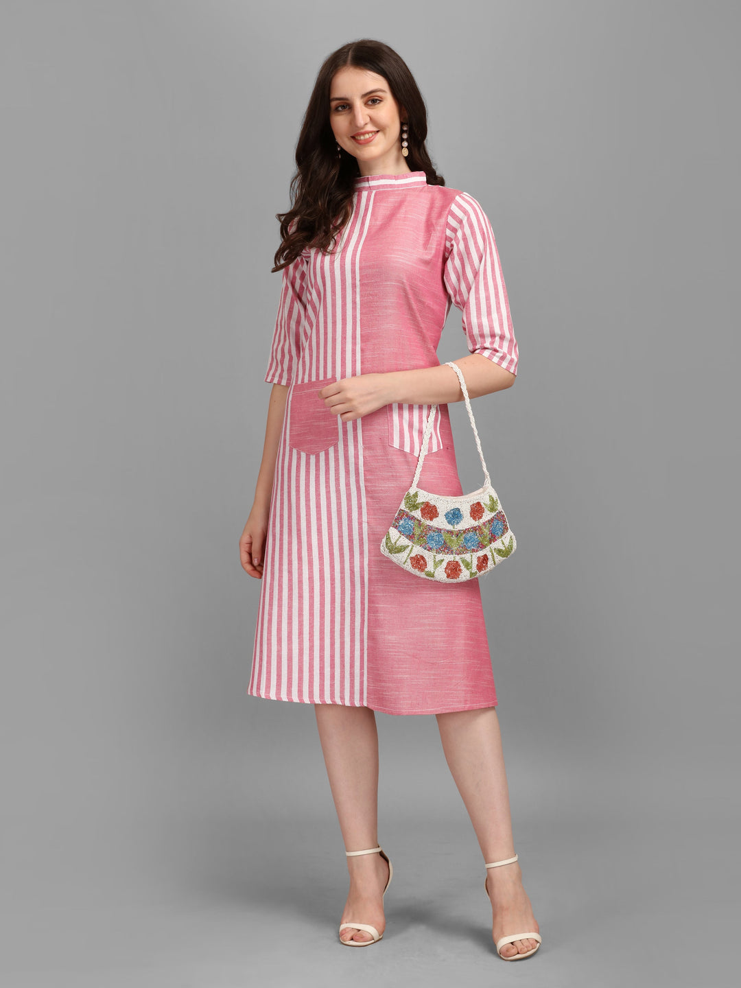 WOMEN STRIPED FANCY MIDI DRESS - BEIGE