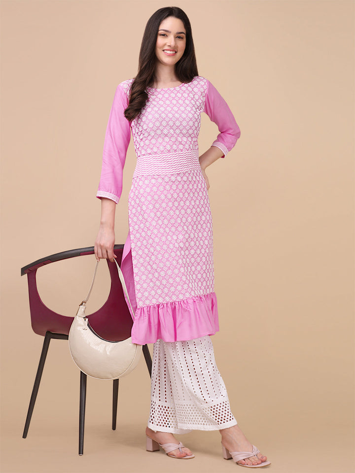 EMBROIDERY RAYON KURTI PALAZZO SET - PINK