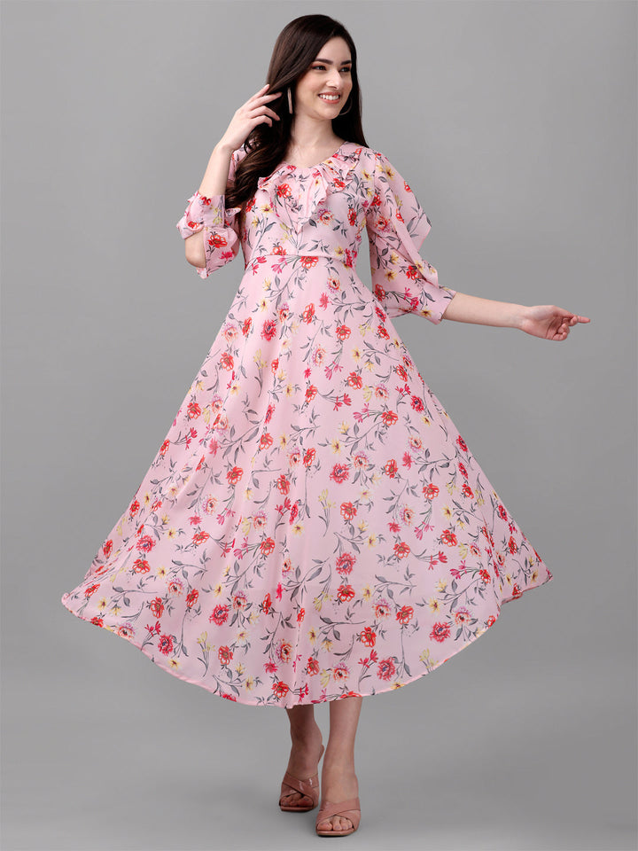 FANCY SLEEVE WITH FLORAL PRINTED GOWN - PINK