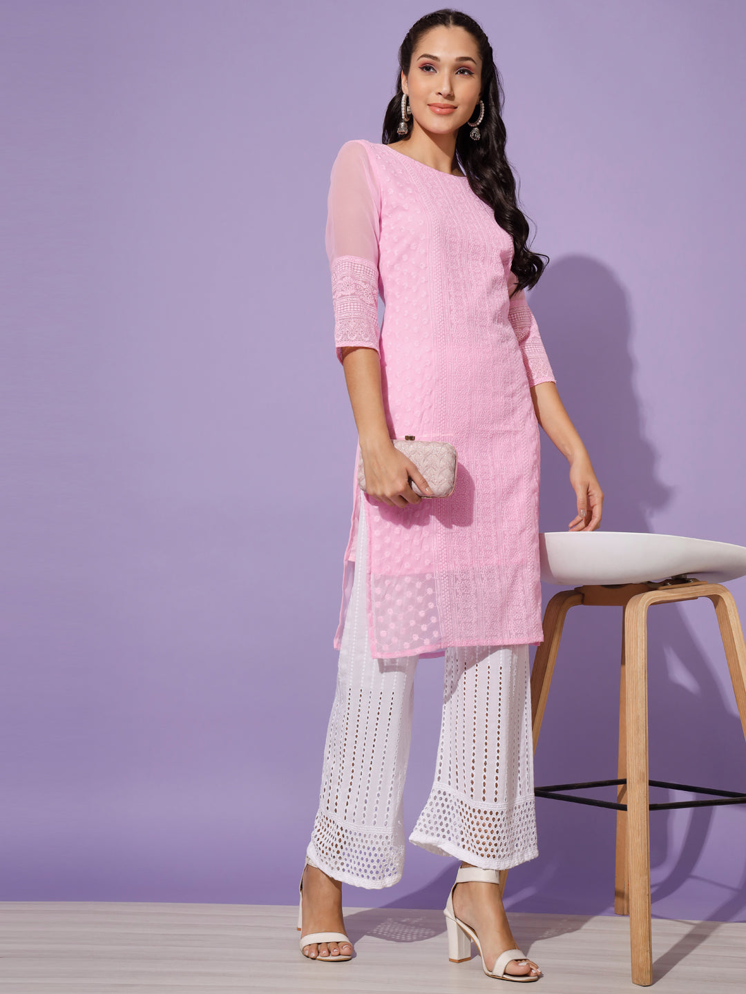 EMBROIDERY KURTI WITH PALAZZO - PINK