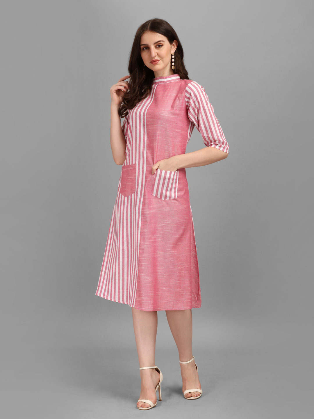 WOMEN STRIPED FANCY MIDI DRESS - BEIGE